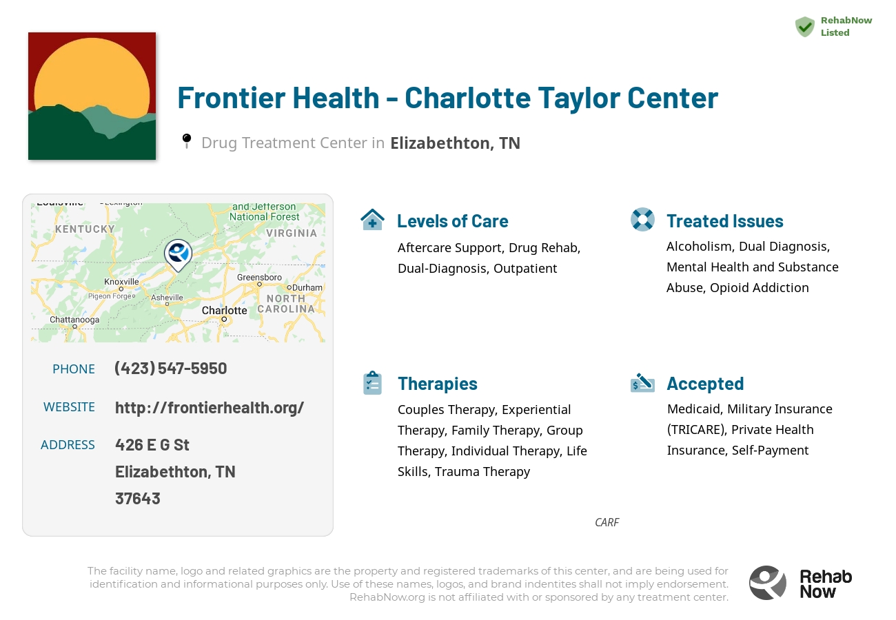 Helpful reference information for Frontier Health - Charlotte Taylor Center, a drug treatment center in Tennessee located at: 426 E G St, Elizabethton, TN 37643, including phone numbers, official website, and more. Listed briefly is an overview of Levels of Care, Therapies Offered, Issues Treated, and accepted forms of Payment Methods.
