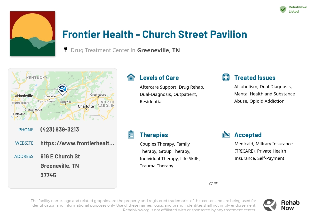 Helpful reference information for Frontier Health - Church Street Pavilion, a drug treatment center in Tennessee located at: 616 E Church St, Greeneville, TN 37745, including phone numbers, official website, and more. Listed briefly is an overview of Levels of Care, Therapies Offered, Issues Treated, and accepted forms of Payment Methods.