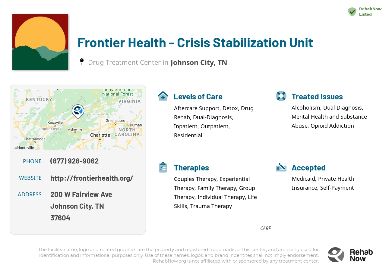 Helpful reference information for Frontier Health - Crisis Stabilization Unit, a drug treatment center in Tennessee located at: 200 W Fairview Ave, Johnson City, TN 37604, including phone numbers, official website, and more. Listed briefly is an overview of Levels of Care, Therapies Offered, Issues Treated, and accepted forms of Payment Methods.