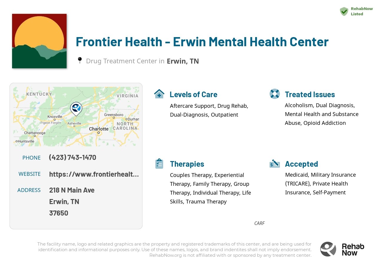 Helpful reference information for Frontier Health - Erwin Mental Health Center, a drug treatment center in Tennessee located at: 218 N Main Ave, Erwin, TN 37650, including phone numbers, official website, and more. Listed briefly is an overview of Levels of Care, Therapies Offered, Issues Treated, and accepted forms of Payment Methods.