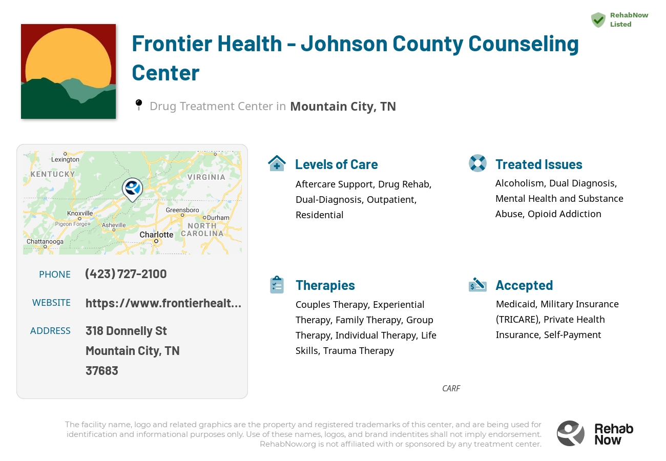 Helpful reference information for Frontier Health - Johnson County Counseling Center, a drug treatment center in Tennessee located at: 318 Donnelly St, Mountain City, TN 37683, including phone numbers, official website, and more. Listed briefly is an overview of Levels of Care, Therapies Offered, Issues Treated, and accepted forms of Payment Methods.