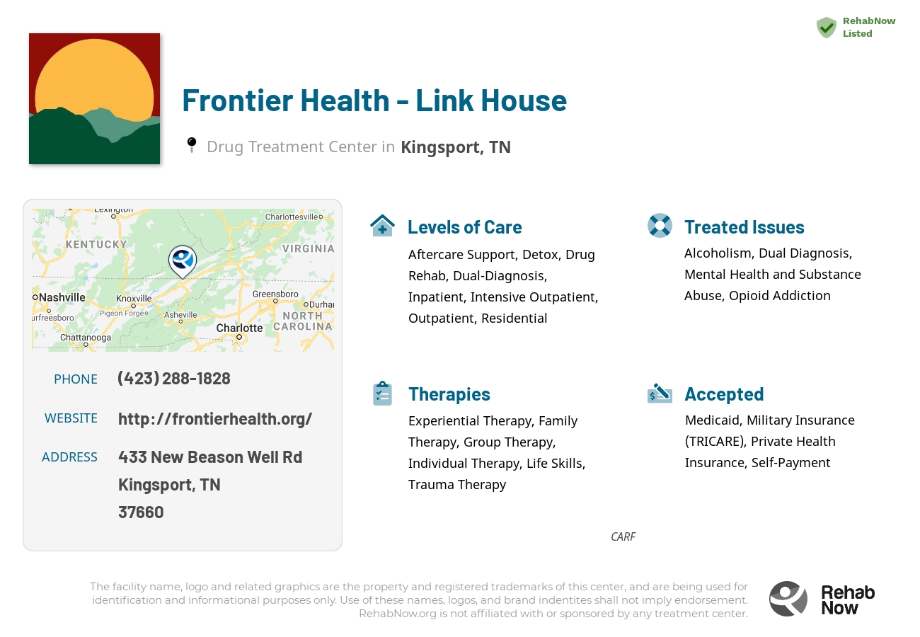 Helpful reference information for Frontier Health - Link House, a drug treatment center in Tennessee located at: 433 New Beason Well Rd, Kingsport, TN 37660, including phone numbers, official website, and more. Listed briefly is an overview of Levels of Care, Therapies Offered, Issues Treated, and accepted forms of Payment Methods.