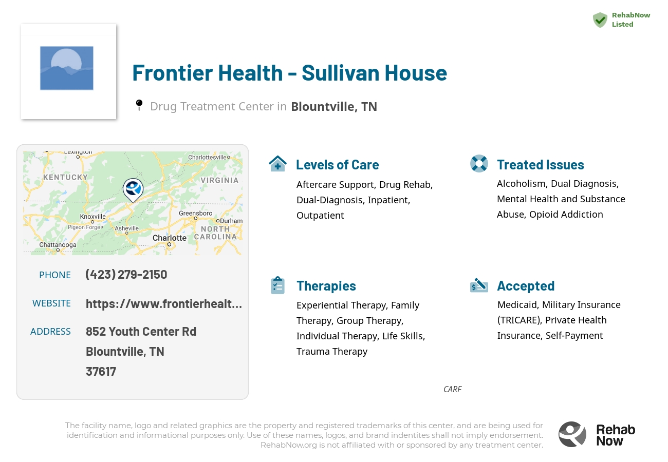 Helpful reference information for Frontier Health - Sullivan House, a drug treatment center in Tennessee located at: 852 Youth Center Rd, Blountville, TN 37617, including phone numbers, official website, and more. Listed briefly is an overview of Levels of Care, Therapies Offered, Issues Treated, and accepted forms of Payment Methods.