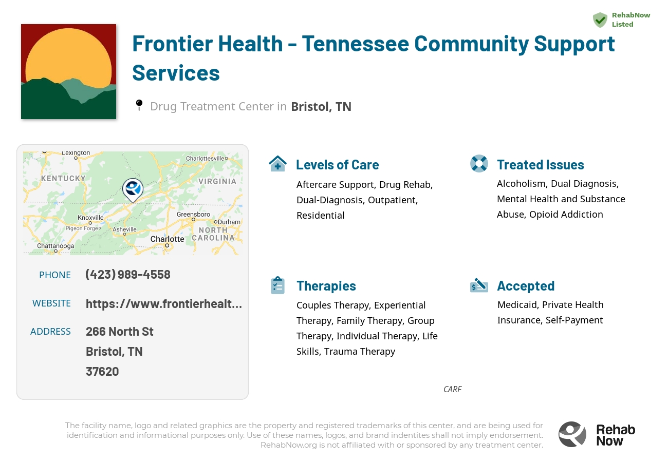 Helpful reference information for Frontier Health - Tennessee Community Support Services, a drug treatment center in Tennessee located at: 266 North St, Bristol, TN 37620, including phone numbers, official website, and more. Listed briefly is an overview of Levels of Care, Therapies Offered, Issues Treated, and accepted forms of Payment Methods.