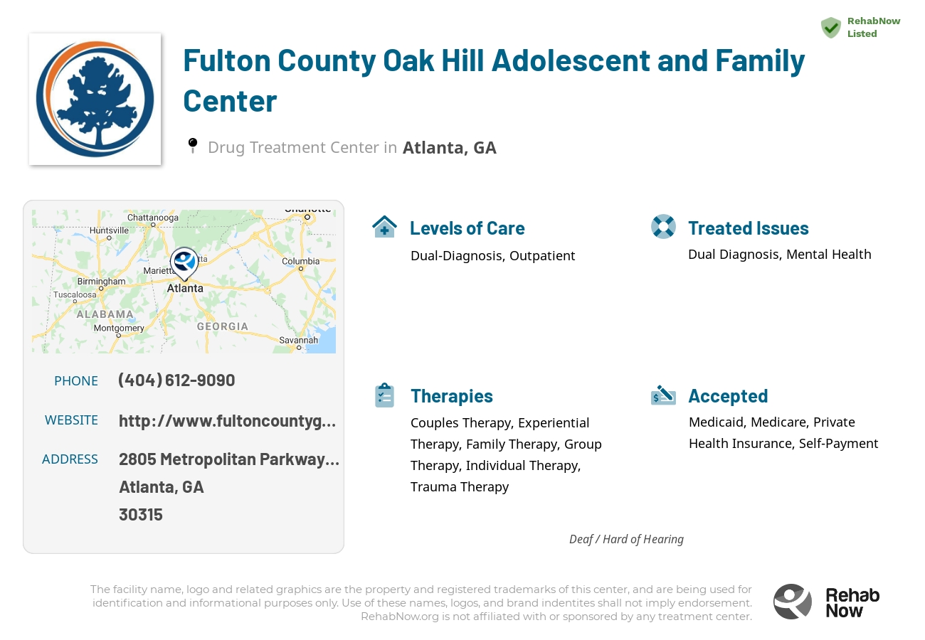 Helpful reference information for Fulton County Oak Hill Adolescent and Family Center, a drug treatment center in Georgia located at: 2805 2805 Metropolitan Parkway Sw, Atlanta, GA 30315, including phone numbers, official website, and more. Listed briefly is an overview of Levels of Care, Therapies Offered, Issues Treated, and accepted forms of Payment Methods.