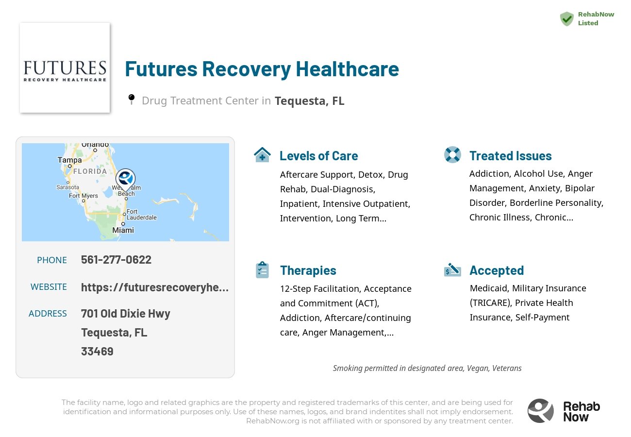Helpful reference information for Futures Recovery Healthcare, a drug treatment center in Florida located at: 701 Old Dixie Hwy, Tequesta, FL 33469, including phone numbers, official website, and more. Listed briefly is an overview of Levels of Care, Therapies Offered, Issues Treated, and accepted forms of Payment Methods.