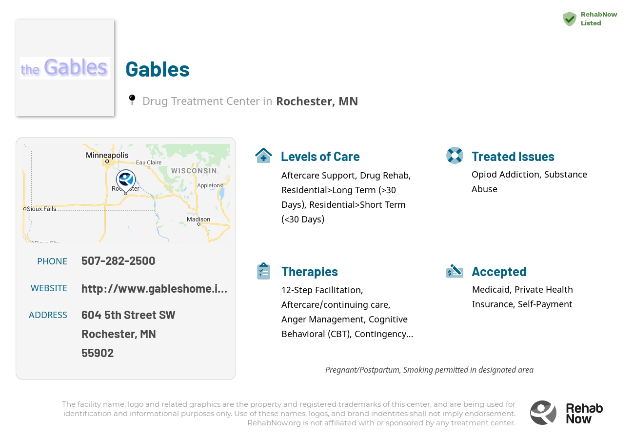 Helpful reference information for Gables, a drug treatment center in Minnesota located at: 604 5th Street SW, Rochester, MN 55902, including phone numbers, official website, and more. Listed briefly is an overview of Levels of Care, Therapies Offered, Issues Treated, and accepted forms of Payment Methods.