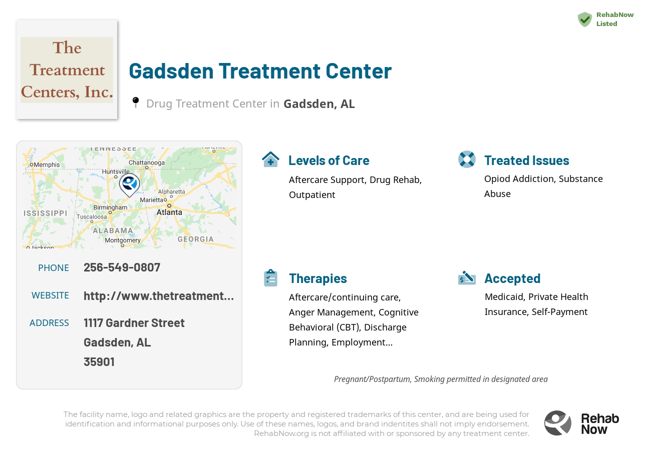 Helpful reference information for Gadsden Treatment Center, a drug treatment center in Alabama located at: 1117 Gardner Street, Gadsden, AL 35901, including phone numbers, official website, and more. Listed briefly is an overview of Levels of Care, Therapies Offered, Issues Treated, and accepted forms of Payment Methods.