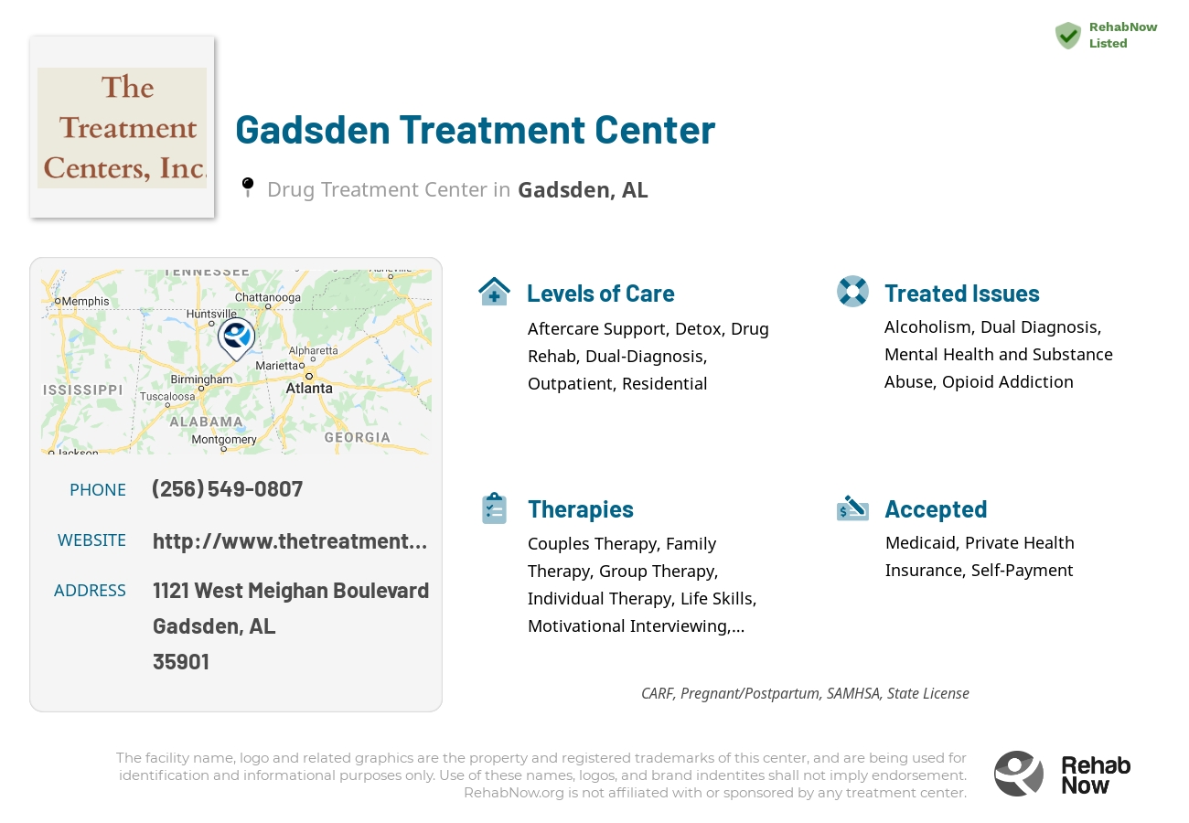 Helpful reference information for Gadsden Treatment Center, a drug treatment center in Alabama located at: 1121 West Meighan Boulevard, Gadsden, AL, 35901, including phone numbers, official website, and more. Listed briefly is an overview of Levels of Care, Therapies Offered, Issues Treated, and accepted forms of Payment Methods.