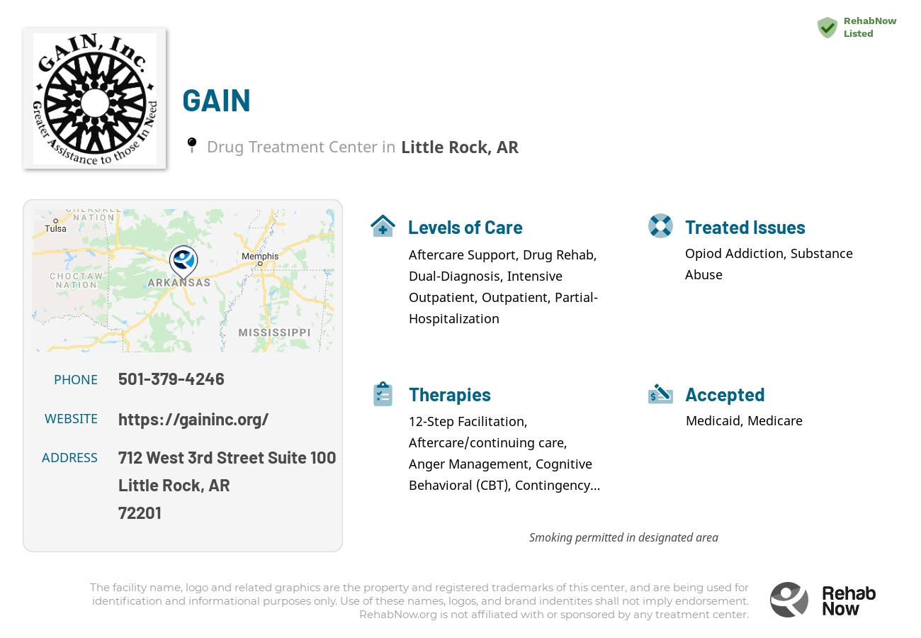 Helpful reference information for GAIN, a drug treatment center in Arkansas located at: 712 West 3rd Street Suite 100, Little Rock, AR 72201, including phone numbers, official website, and more. Listed briefly is an overview of Levels of Care, Therapies Offered, Issues Treated, and accepted forms of Payment Methods.