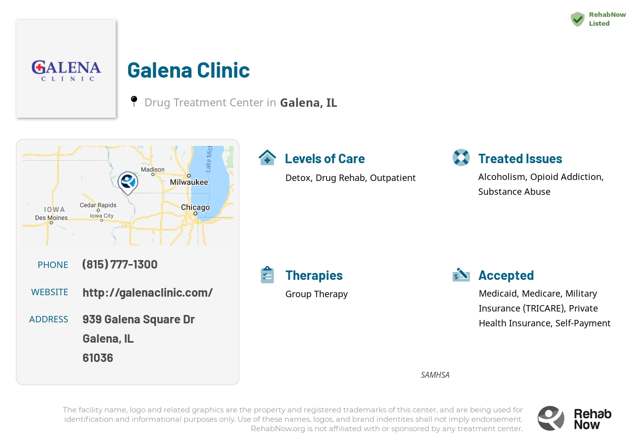 Helpful reference information for Galena Clinic, a drug treatment center in Illinois located at: 939 Galena Square Dr, Galena, IL 61036, including phone numbers, official website, and more. Listed briefly is an overview of Levels of Care, Therapies Offered, Issues Treated, and accepted forms of Payment Methods.