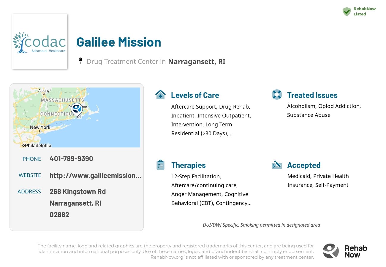 Helpful reference information for Galilee Mission, a drug treatment center in Rhode Island located at: 268 Kingstown Rd, Narragansett, RI 02882, including phone numbers, official website, and more. Listed briefly is an overview of Levels of Care, Therapies Offered, Issues Treated, and accepted forms of Payment Methods.