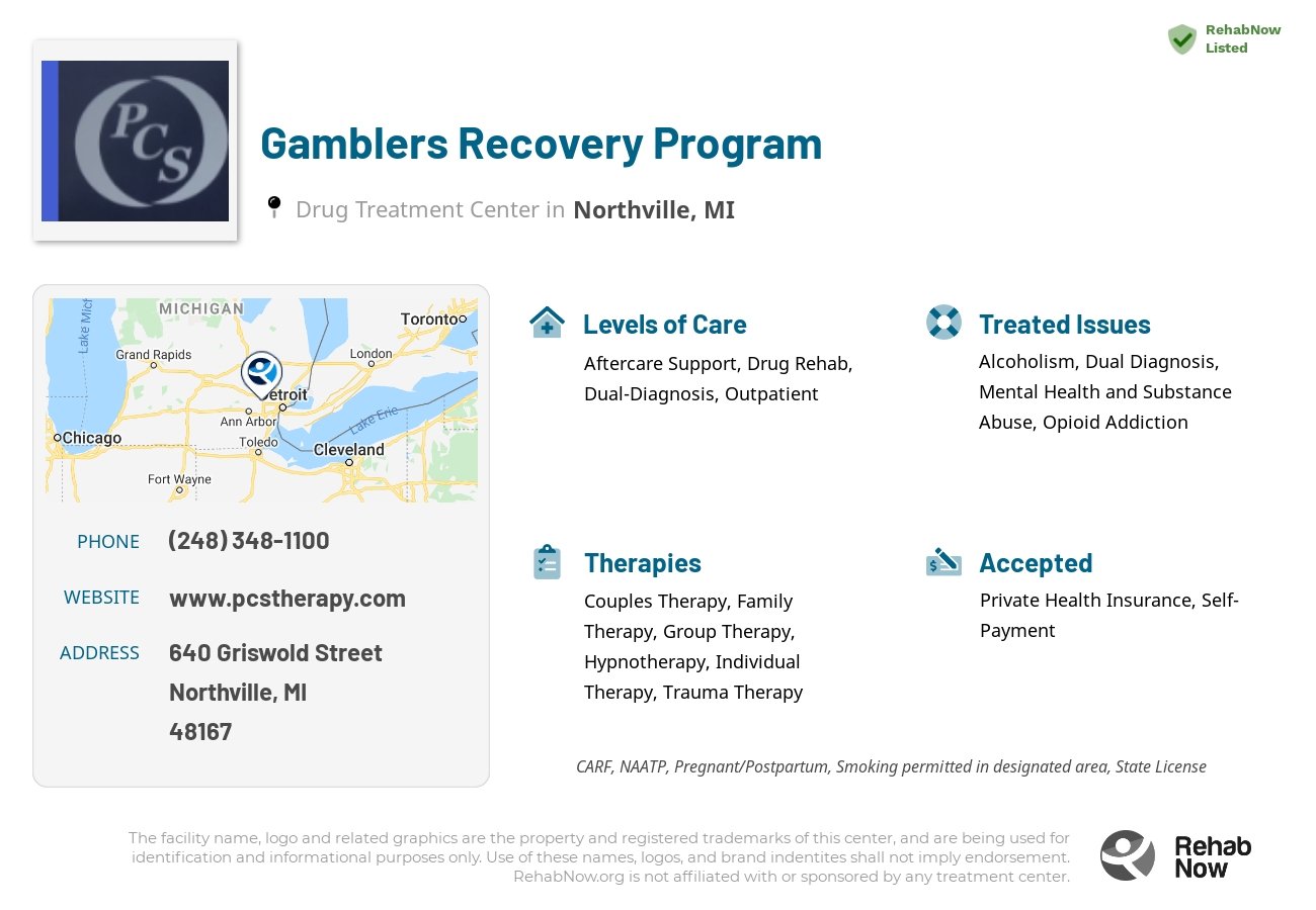 Helpful reference information for Gamblers Recovery Program, a drug treatment center in Michigan located at: 640 Griswold Street, Northville, MI, 48167, including phone numbers, official website, and more. Listed briefly is an overview of Levels of Care, Therapies Offered, Issues Treated, and accepted forms of Payment Methods.