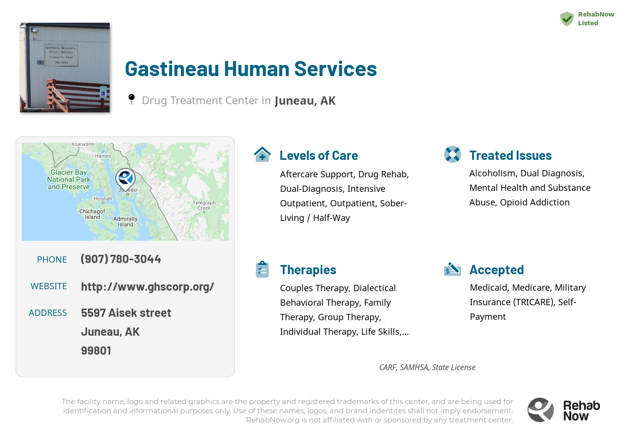 Helpful reference information for Gastineau Human Services, a drug treatment center in Alaska located at: 5597 Aisek street, Juneau, AK, 99801, including phone numbers, official website, and more. Listed briefly is an overview of Levels of Care, Therapies Offered, Issues Treated, and accepted forms of Payment Methods.