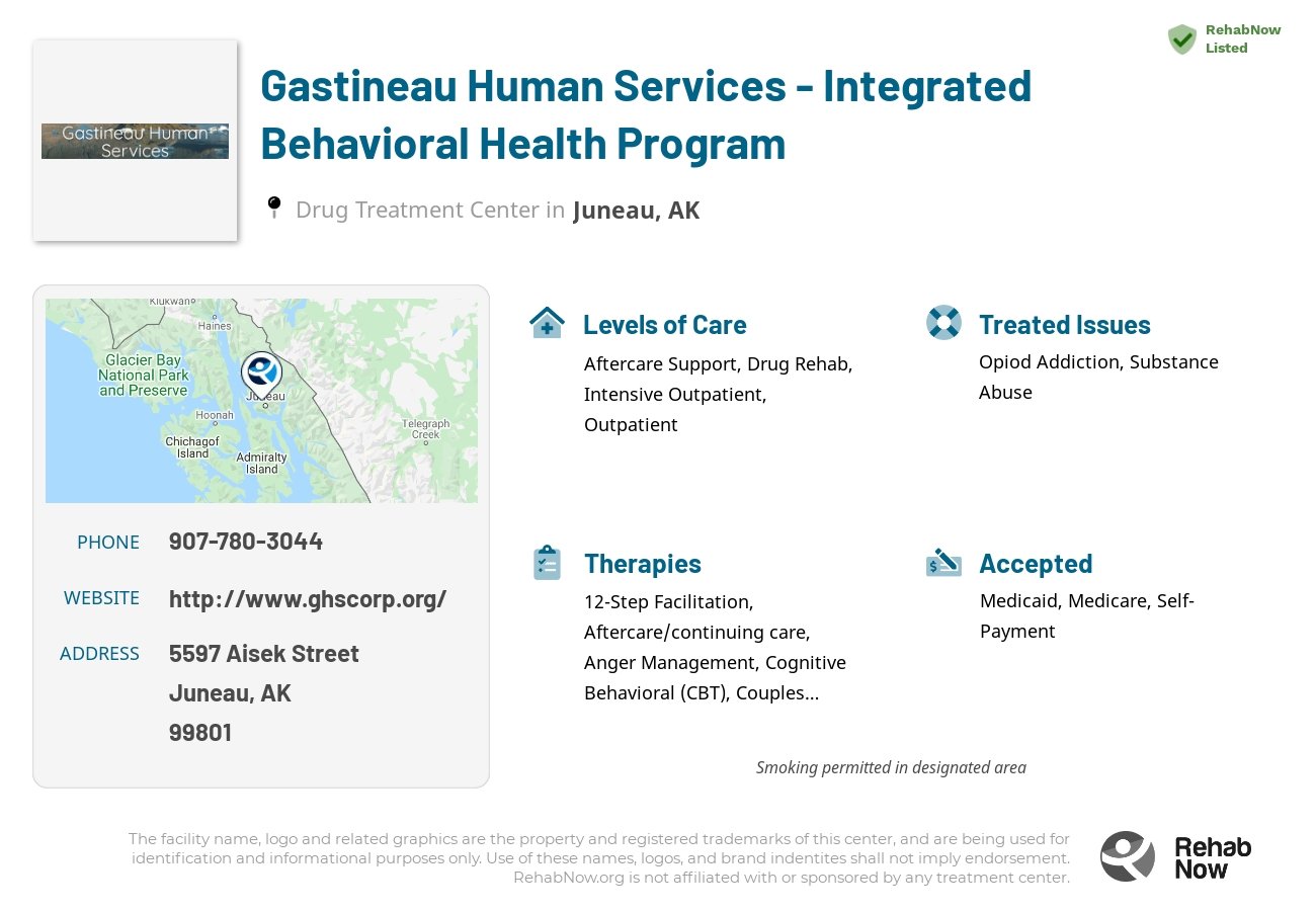 Helpful reference information for Gastineau Human Services - Integrated Behavioral Health Program, a drug treatment center in Alaska located at: 5597 Aisek Street, Juneau, AK 99801, including phone numbers, official website, and more. Listed briefly is an overview of Levels of Care, Therapies Offered, Issues Treated, and accepted forms of Payment Methods.