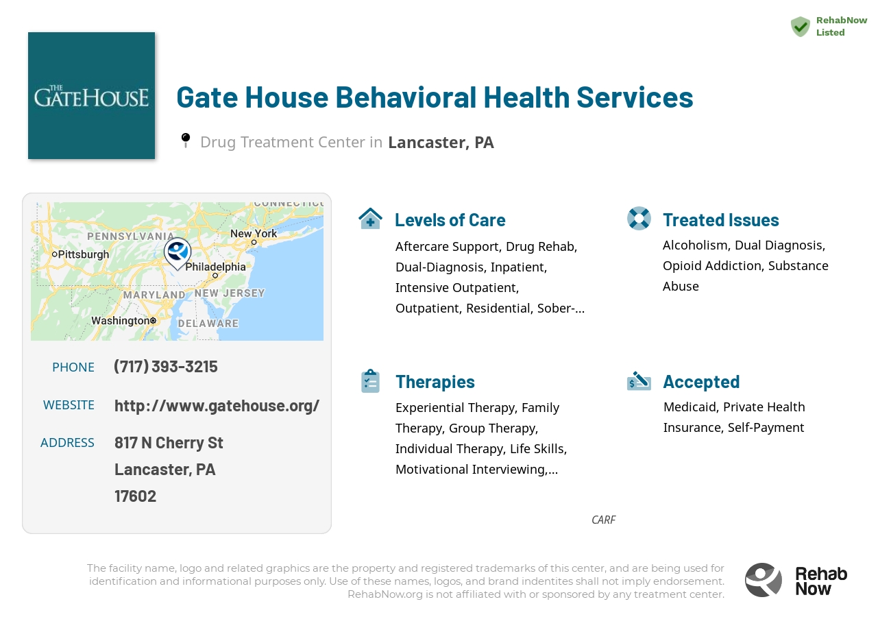 Helpful reference information for Gate House Behavioral Health Services, a drug treatment center in Pennsylvania located at: 817 N Cherry St, Lancaster, PA 17602, including phone numbers, official website, and more. Listed briefly is an overview of Levels of Care, Therapies Offered, Issues Treated, and accepted forms of Payment Methods.