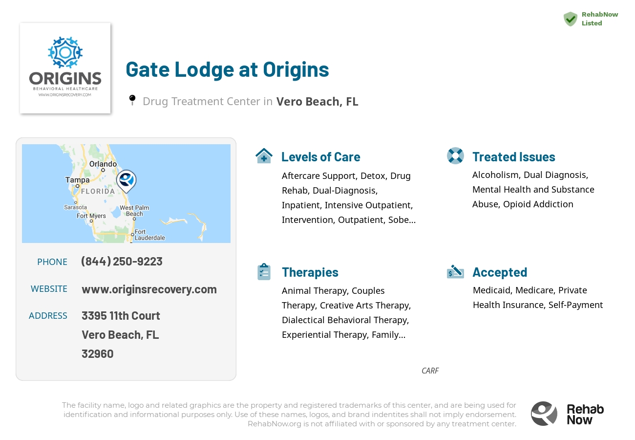 Helpful reference information for Gate Lodge at Origins, a drug treatment center in Florida located at: 3395 11th Court, Vero Beach, FL, 32960, including phone numbers, official website, and more. Listed briefly is an overview of Levels of Care, Therapies Offered, Issues Treated, and accepted forms of Payment Methods.