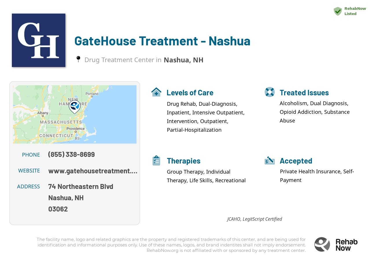 Helpful reference information for GateHouse Treatment - Nashua, a drug treatment center in New Hampshire located at: 74 74 Northeastern Blvd, Nashua, NH 3062, including phone numbers, official website, and more. Listed briefly is an overview of Levels of Care, Therapies Offered, Issues Treated, and accepted forms of Payment Methods.