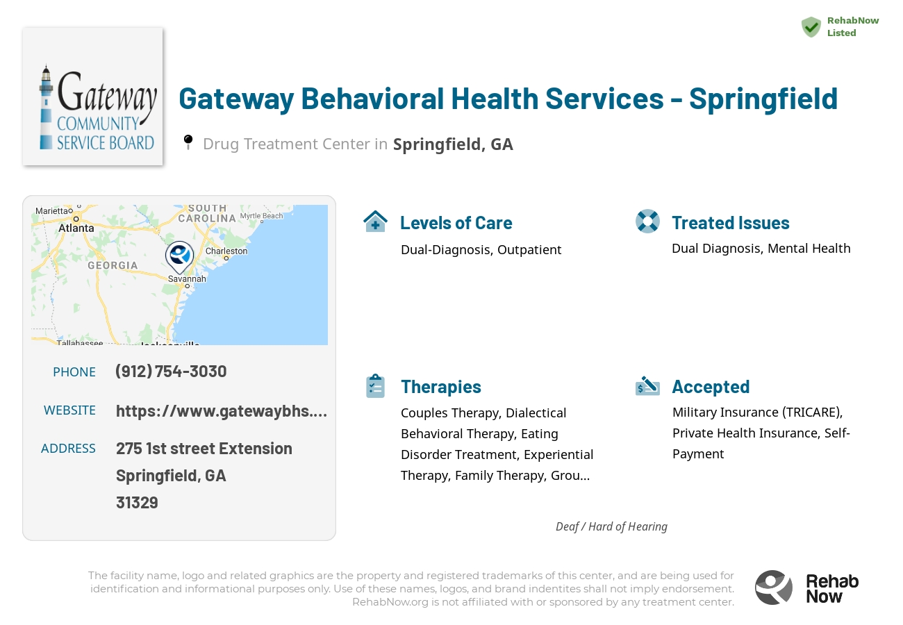 Helpful reference information for Gateway Behavioral Health Services - Springfield, a drug treatment center in Georgia located at: 275 275 1st street Extension, Springfield, GA 31329, including phone numbers, official website, and more. Listed briefly is an overview of Levels of Care, Therapies Offered, Issues Treated, and accepted forms of Payment Methods.