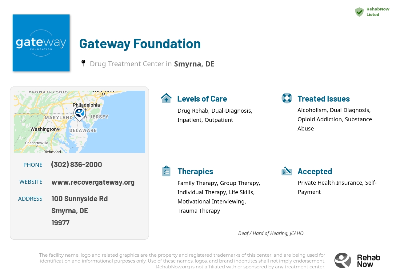 Helpful reference information for Gateway Foundation, a drug treatment center in Delaware located at: 100 Sunnyside Rd, Smyrna, DE, 19977, including phone numbers, official website, and more. Listed briefly is an overview of Levels of Care, Therapies Offered, Issues Treated, and accepted forms of Payment Methods.