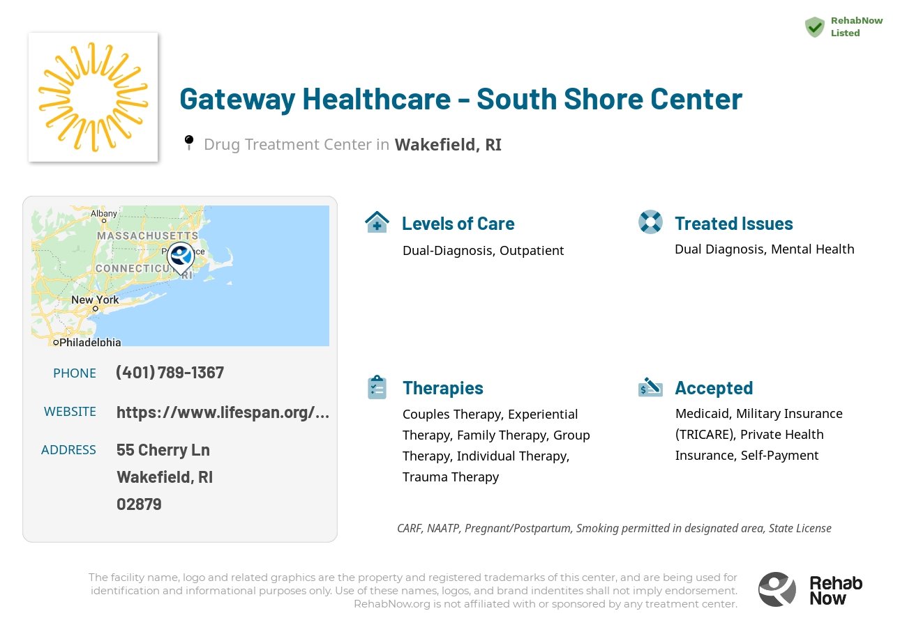 Helpful reference information for Gateway Healthcare - South Shore Center, a drug treatment center in Rhode Island located at: 55 Cherry Ln, Wakefield, RI 02879, including phone numbers, official website, and more. Listed briefly is an overview of Levels of Care, Therapies Offered, Issues Treated, and accepted forms of Payment Methods.