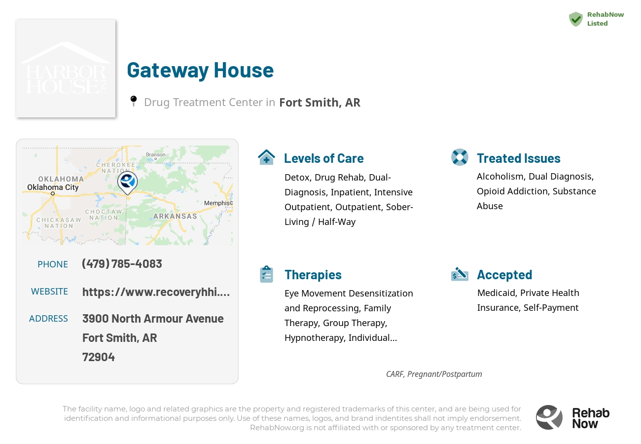 Helpful reference information for Gateway House, a drug treatment center in Arkansas located at: 3900 North Armour Avenue, Fort Smith, AR, 72904, including phone numbers, official website, and more. Listed briefly is an overview of Levels of Care, Therapies Offered, Issues Treated, and accepted forms of Payment Methods.