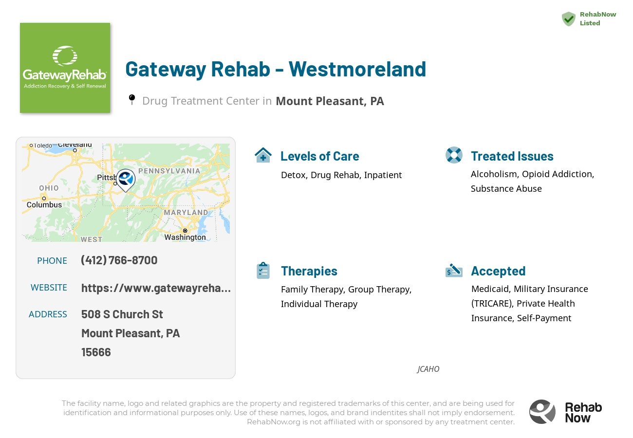Helpful reference information for Gateway Rehab - Westmoreland, a drug treatment center in Pennsylvania located at: 508 S Church St, Mount Pleasant, PA 15666, including phone numbers, official website, and more. Listed briefly is an overview of Levels of Care, Therapies Offered, Issues Treated, and accepted forms of Payment Methods.