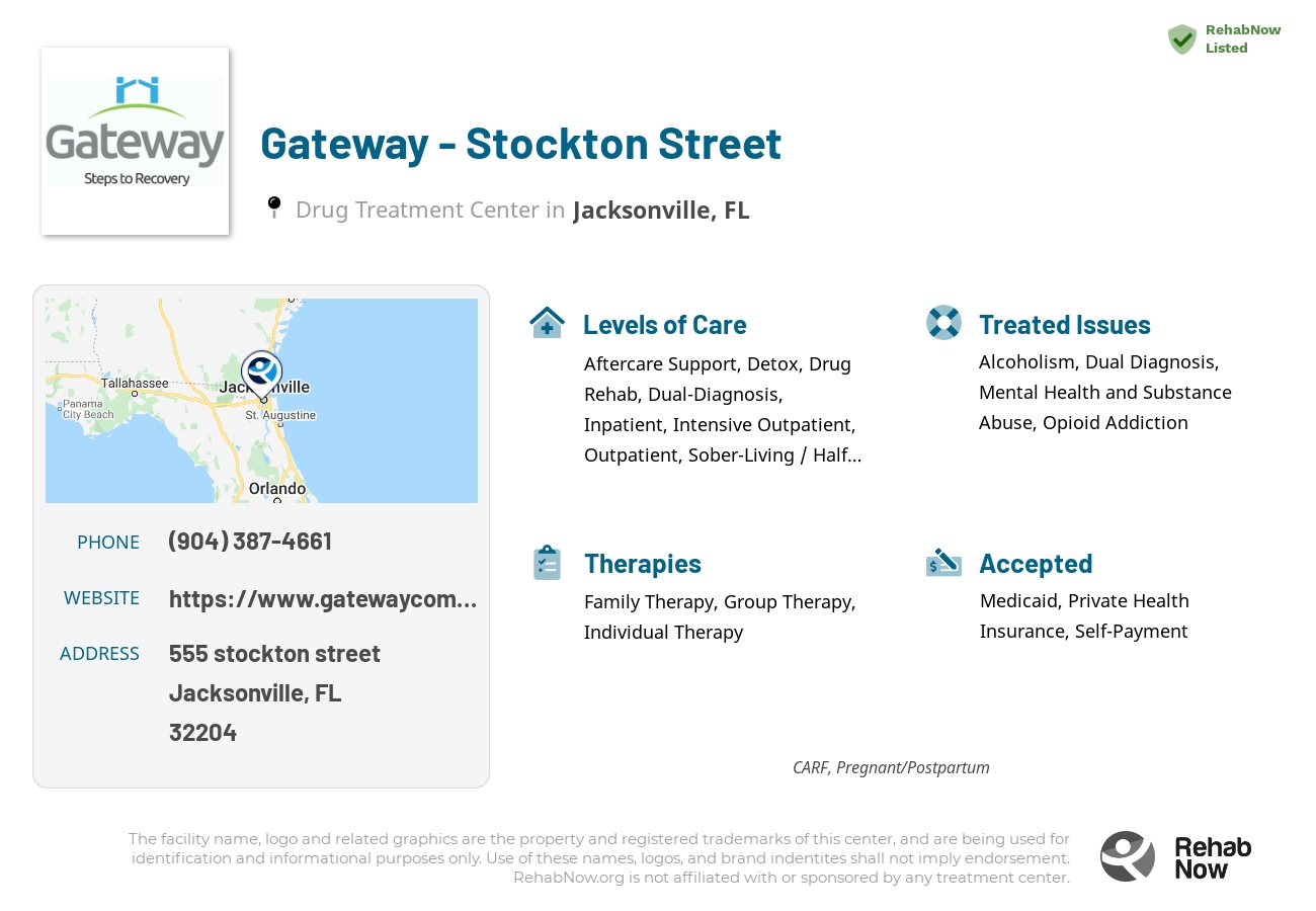 Helpful reference information for Gateway - Stockton Street, a drug treatment center in Florida located at: 555 stockton street, Jacksonville, FL, 32204, including phone numbers, official website, and more. Listed briefly is an overview of Levels of Care, Therapies Offered, Issues Treated, and accepted forms of Payment Methods.