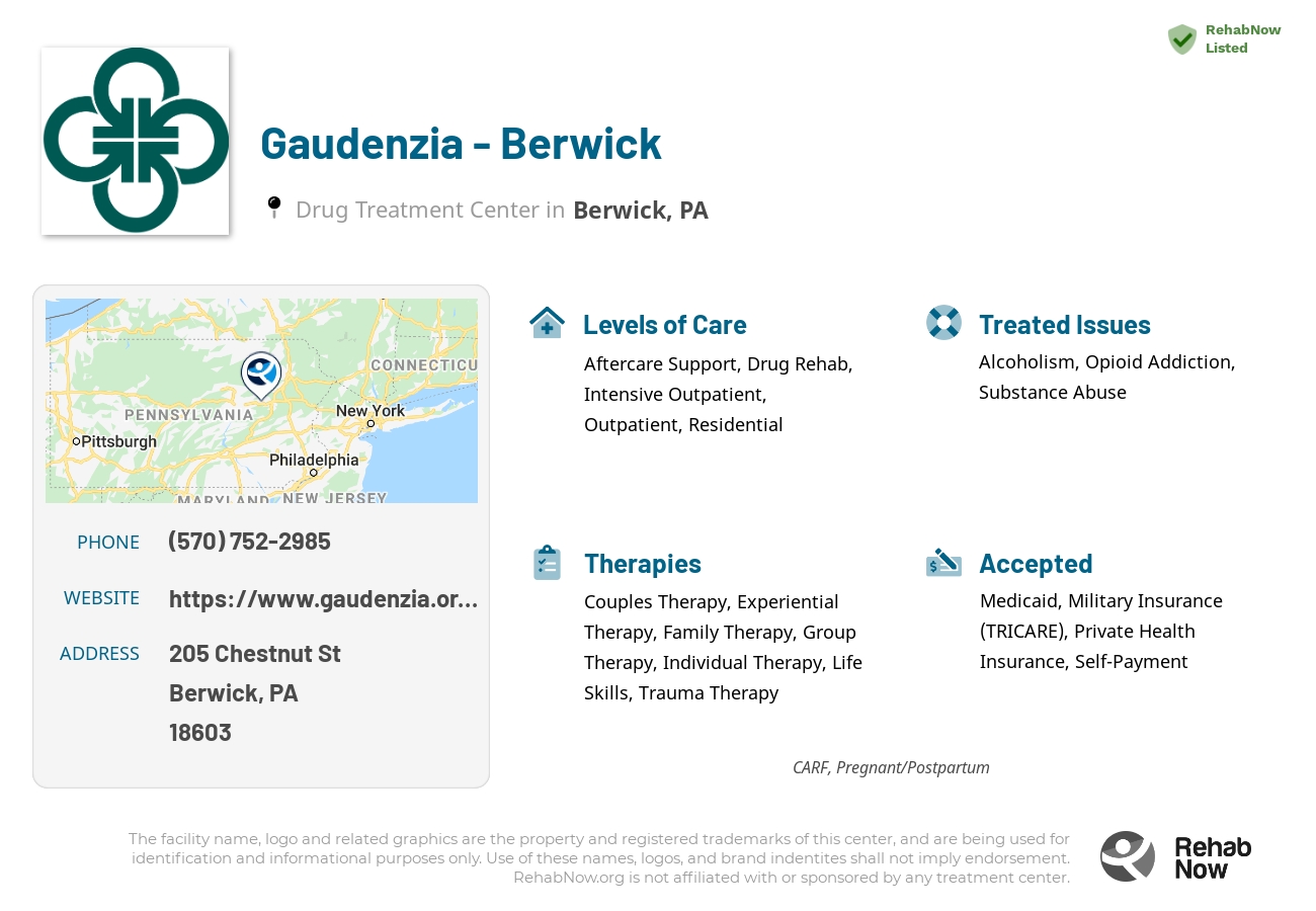 Helpful reference information for Gaudenzia - Berwick, a drug treatment center in Pennsylvania located at: 205 Chestnut St, Berwick, PA 18603, including phone numbers, official website, and more. Listed briefly is an overview of Levels of Care, Therapies Offered, Issues Treated, and accepted forms of Payment Methods.