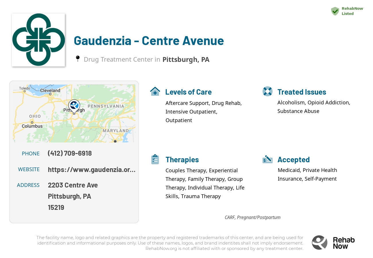 Helpful reference information for Gaudenzia - Centre Avenue, a drug treatment center in Pennsylvania located at: 2203 Centre Ave, Pittsburgh, PA 15219, including phone numbers, official website, and more. Listed briefly is an overview of Levels of Care, Therapies Offered, Issues Treated, and accepted forms of Payment Methods.