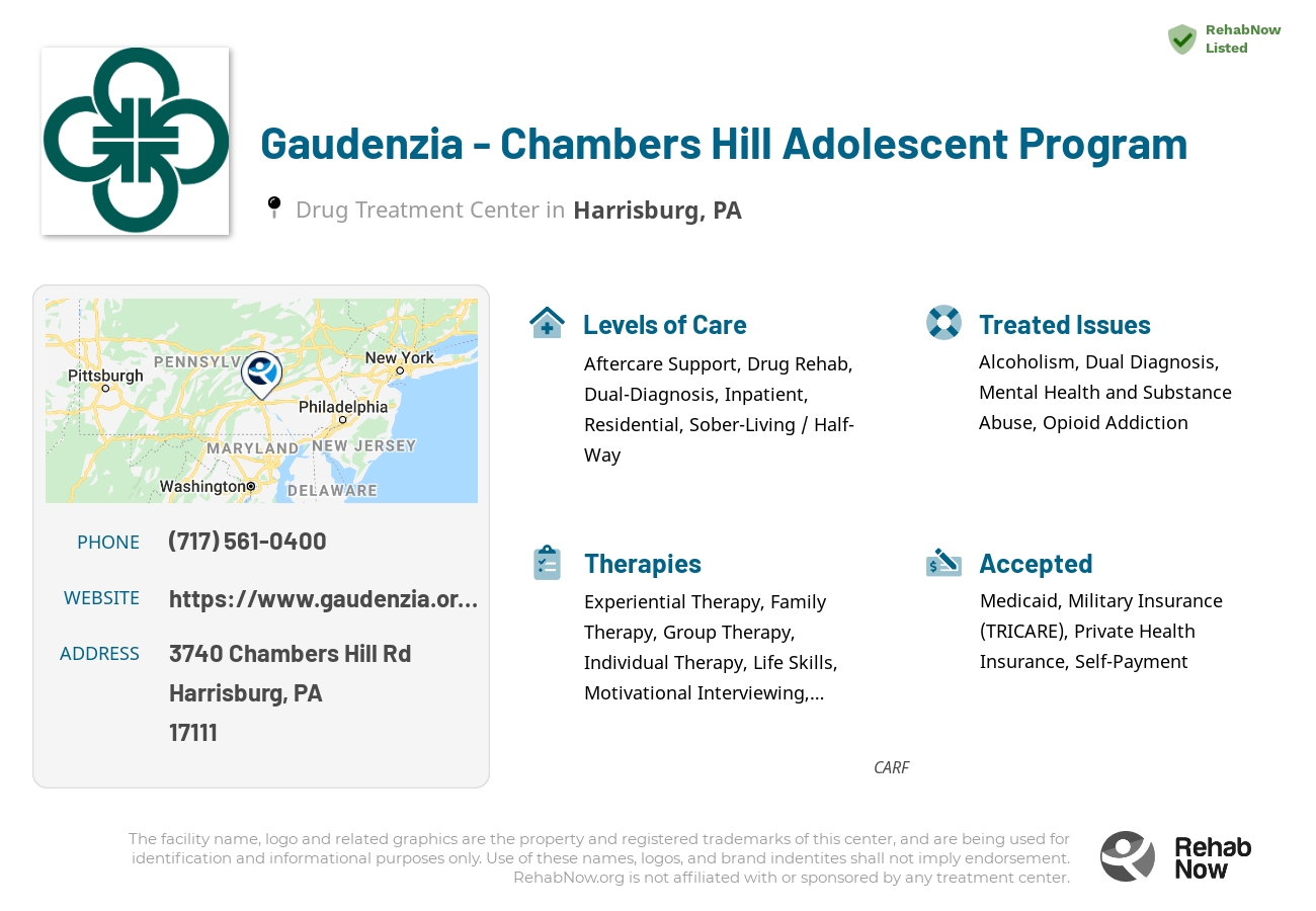 Helpful reference information for Gaudenzia - Chambers Hill Adolescent Program, a drug treatment center in Pennsylvania located at: 3740 Chambers Hill Rd, Harrisburg, PA 17111, including phone numbers, official website, and more. Listed briefly is an overview of Levels of Care, Therapies Offered, Issues Treated, and accepted forms of Payment Methods.