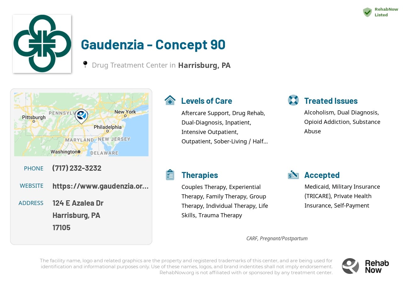Helpful reference information for Gaudenzia - Concept 90, a drug treatment center in Pennsylvania located at: 124 E Azalea Dr, Harrisburg, PA 17105, including phone numbers, official website, and more. Listed briefly is an overview of Levels of Care, Therapies Offered, Issues Treated, and accepted forms of Payment Methods.