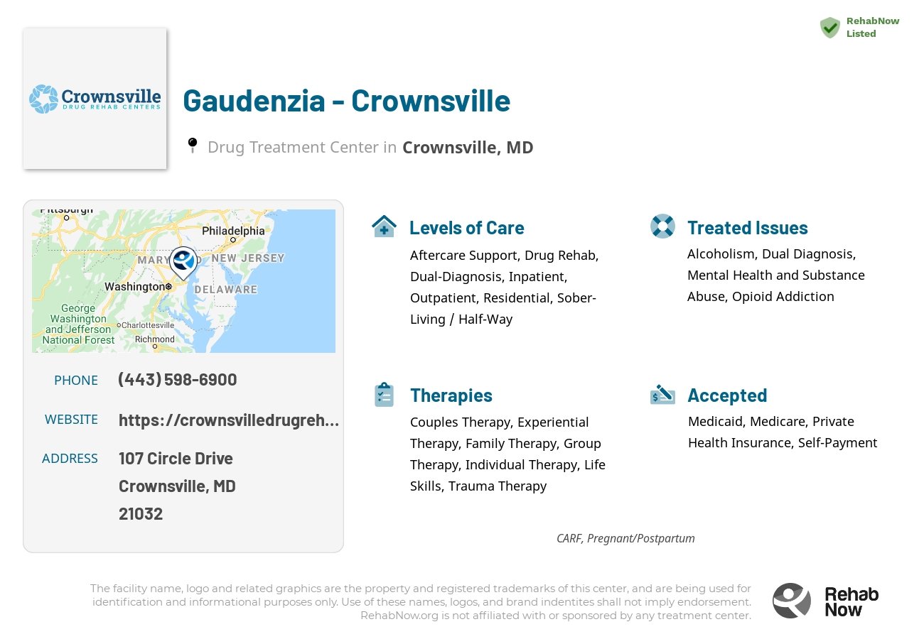 Helpful reference information for Gaudenzia - Crownsville, a drug treatment center in Maryland located at: 107 Circle Drive, Crownsville, MD, 21032, including phone numbers, official website, and more. Listed briefly is an overview of Levels of Care, Therapies Offered, Issues Treated, and accepted forms of Payment Methods.