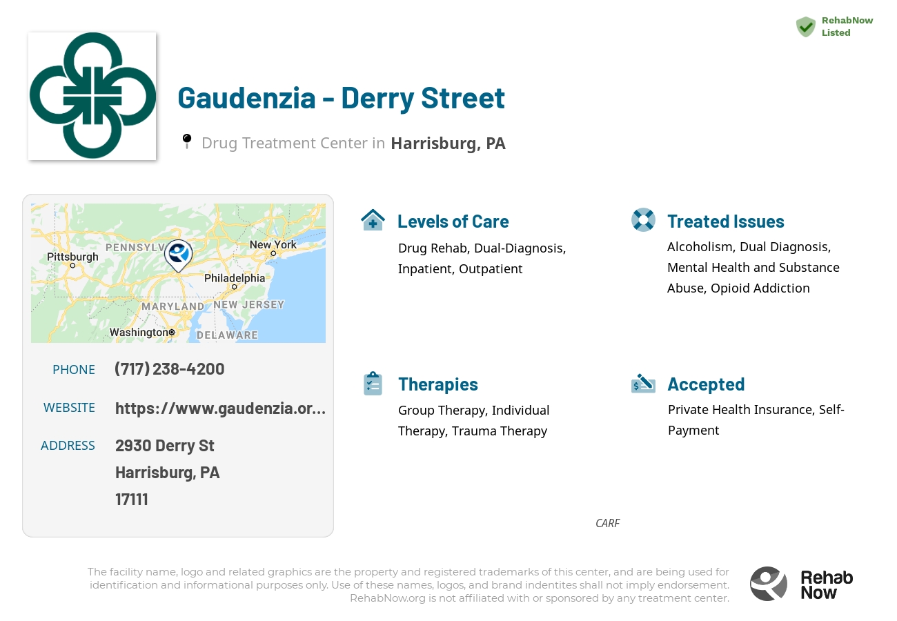Helpful reference information for Gaudenzia - Derry Street, a drug treatment center in Pennsylvania located at: 2930 Derry St, Harrisburg, PA 17111, including phone numbers, official website, and more. Listed briefly is an overview of Levels of Care, Therapies Offered, Issues Treated, and accepted forms of Payment Methods.
