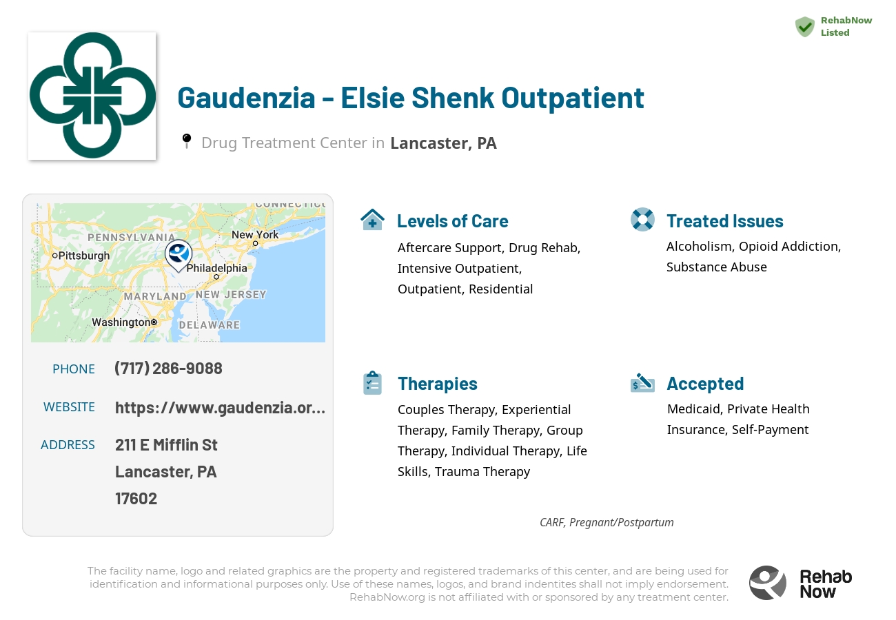 Helpful reference information for Gaudenzia - Elsie Shenk Outpatient, a drug treatment center in Pennsylvania located at: 211 E Mifflin St, Lancaster, PA 17602, including phone numbers, official website, and more. Listed briefly is an overview of Levels of Care, Therapies Offered, Issues Treated, and accepted forms of Payment Methods.