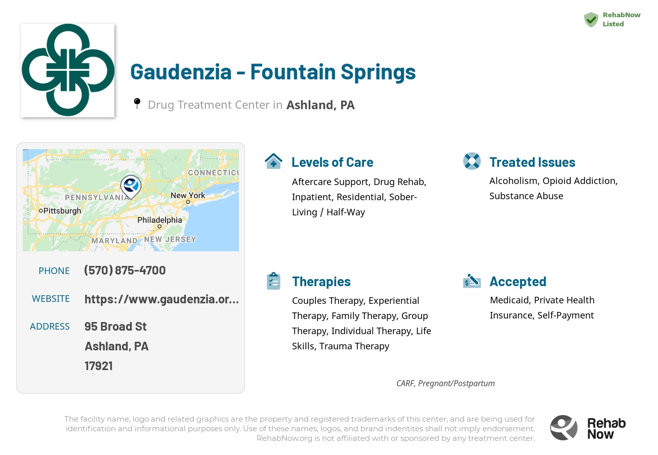 Helpful reference information for Gaudenzia - Fountain Springs, a drug treatment center in Pennsylvania located at: 95 Broad St, Ashland, PA 17921, including phone numbers, official website, and more. Listed briefly is an overview of Levels of Care, Therapies Offered, Issues Treated, and accepted forms of Payment Methods.