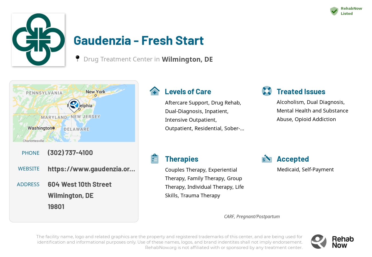 Helpful reference information for Gaudenzia - Fresh Start, a drug treatment center in Delaware located at: 604 West 10th Street, Wilmington, DE, 19801, including phone numbers, official website, and more. Listed briefly is an overview of Levels of Care, Therapies Offered, Issues Treated, and accepted forms of Payment Methods.