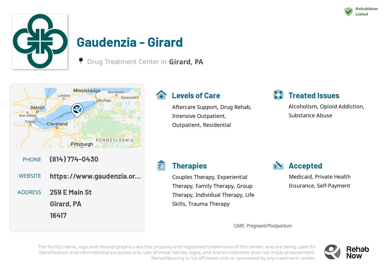 Helpful reference information for Gaudenzia - Girard, a drug treatment center in Pennsylvania located at: 259 E Main St, Girard, PA 16417, including phone numbers, official website, and more. Listed briefly is an overview of Levels of Care, Therapies Offered, Issues Treated, and accepted forms of Payment Methods.