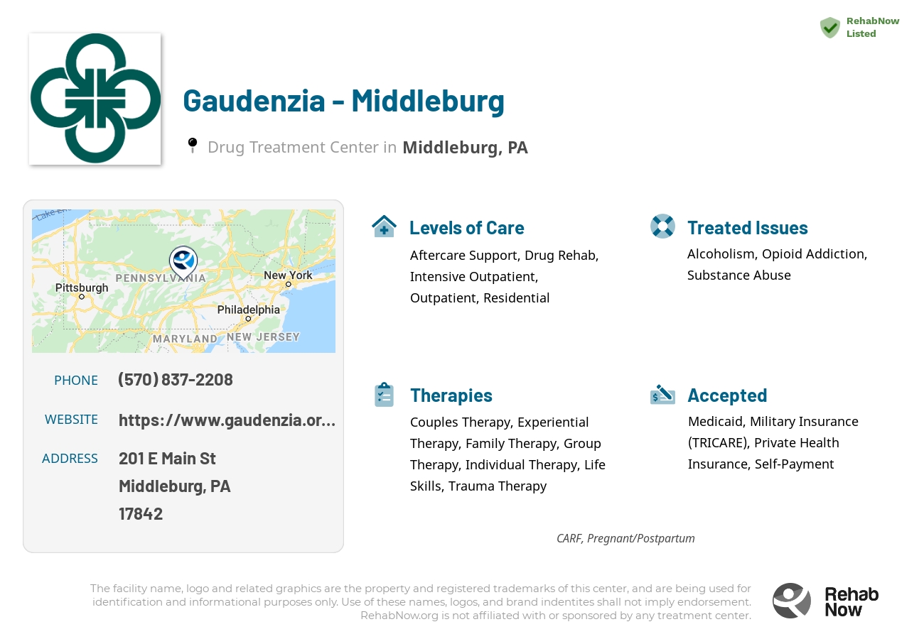 Helpful reference information for Gaudenzia - Middleburg, a drug treatment center in Pennsylvania located at: 201 E Main St, Middleburg, PA 17842, including phone numbers, official website, and more. Listed briefly is an overview of Levels of Care, Therapies Offered, Issues Treated, and accepted forms of Payment Methods.