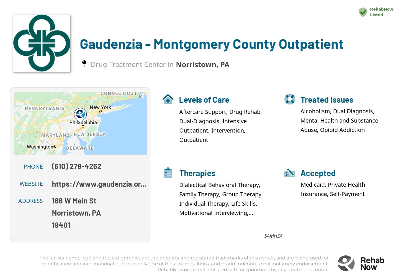 Helpful reference information for Gaudenzia - Montgomery County Outpatient, a drug treatment center in Pennsylvania located at: 166 W Main St, Norristown, PA 19401, including phone numbers, official website, and more. Listed briefly is an overview of Levels of Care, Therapies Offered, Issues Treated, and accepted forms of Payment Methods.