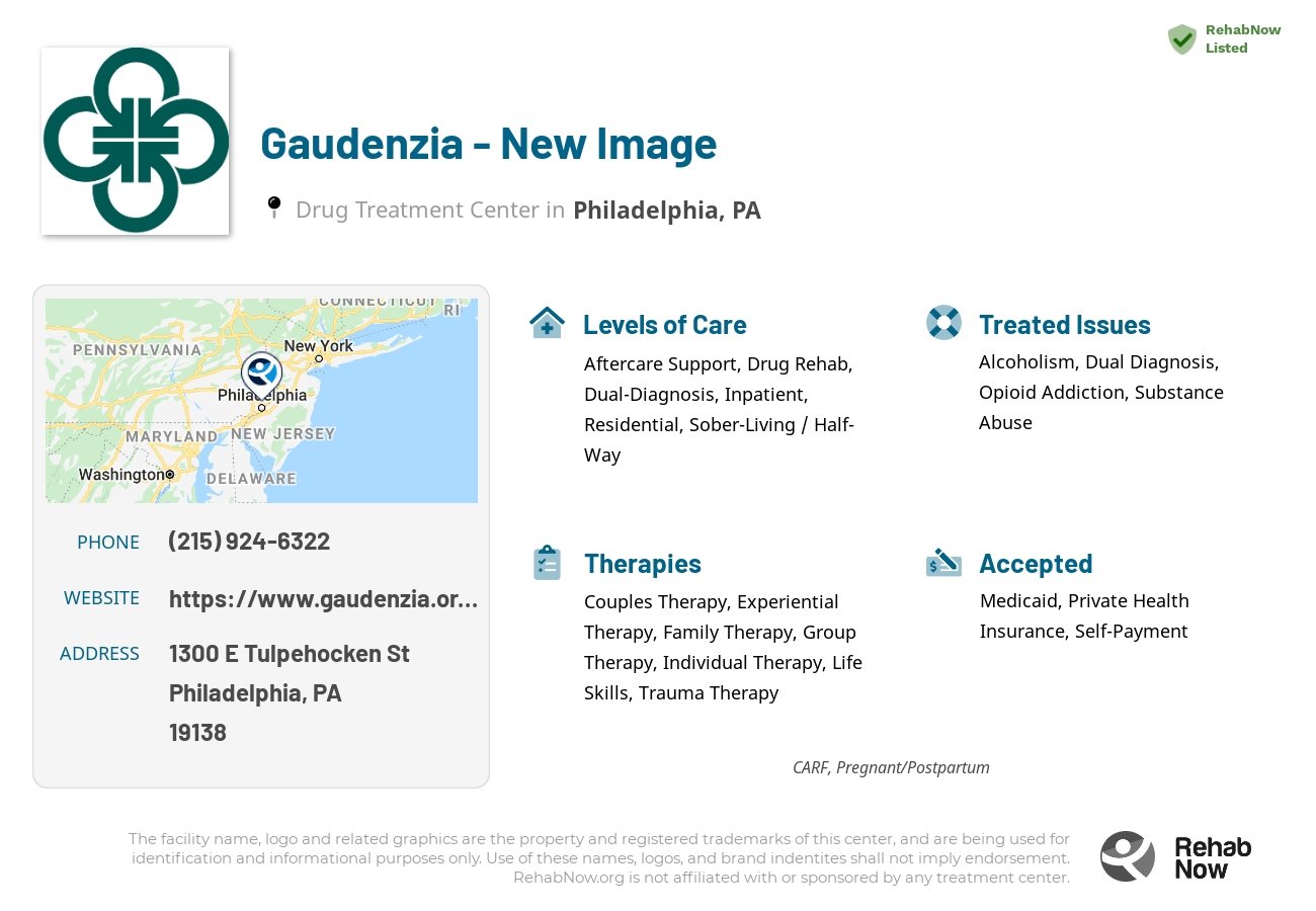 Helpful reference information for Gaudenzia - New Image, a drug treatment center in Pennsylvania located at: 1300 E Tulpehocken St, Philadelphia, PA 19138, including phone numbers, official website, and more. Listed briefly is an overview of Levels of Care, Therapies Offered, Issues Treated, and accepted forms of Payment Methods.