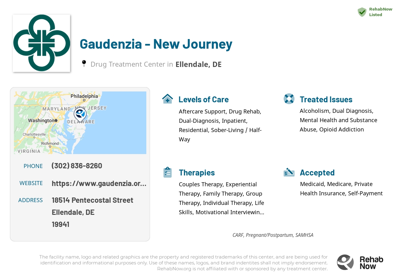 Helpful reference information for Gaudenzia - New Journey, a drug treatment center in Delaware located at: 18514 Pentecostal Street, Ellendale, DE, 19941, including phone numbers, official website, and more. Listed briefly is an overview of Levels of Care, Therapies Offered, Issues Treated, and accepted forms of Payment Methods.