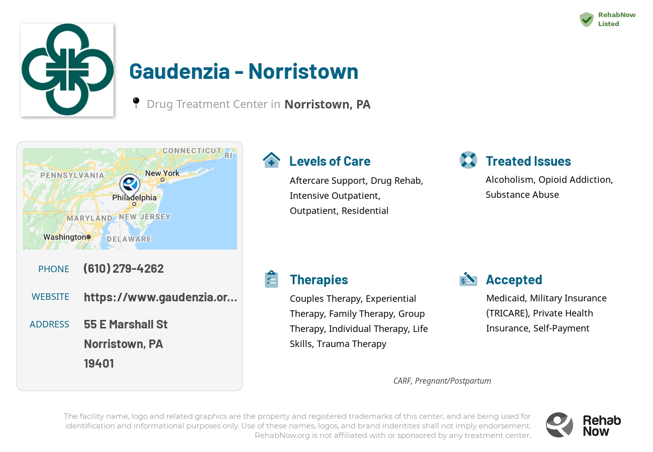 Helpful reference information for Gaudenzia - Norristown, a drug treatment center in Pennsylvania located at: 55 E Marshall St, Norristown, PA 19401, including phone numbers, official website, and more. Listed briefly is an overview of Levels of Care, Therapies Offered, Issues Treated, and accepted forms of Payment Methods.
