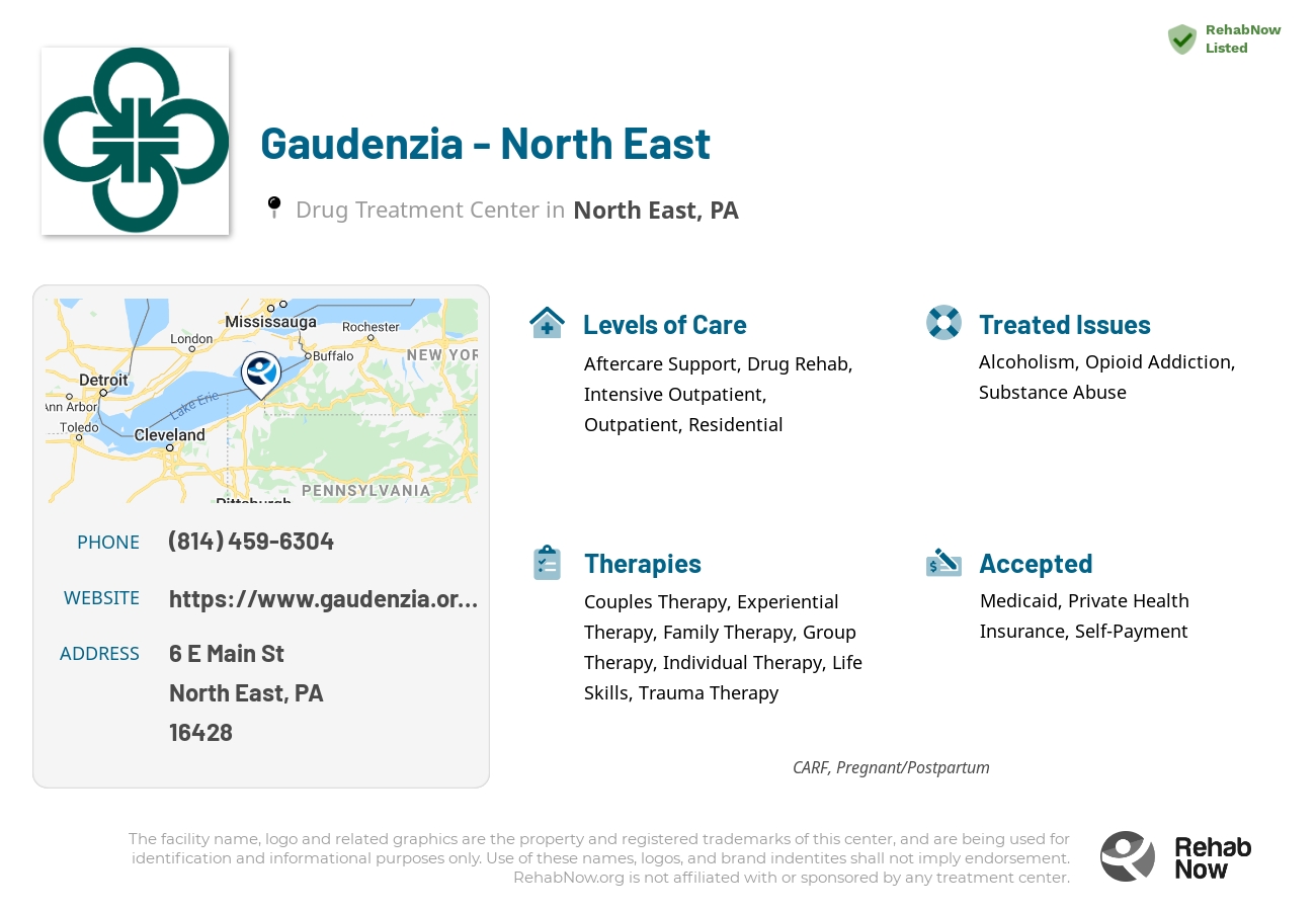 Helpful reference information for Gaudenzia - North East, a drug treatment center in Pennsylvania located at: 6 E Main St, North East, PA 16428, including phone numbers, official website, and more. Listed briefly is an overview of Levels of Care, Therapies Offered, Issues Treated, and accepted forms of Payment Methods.