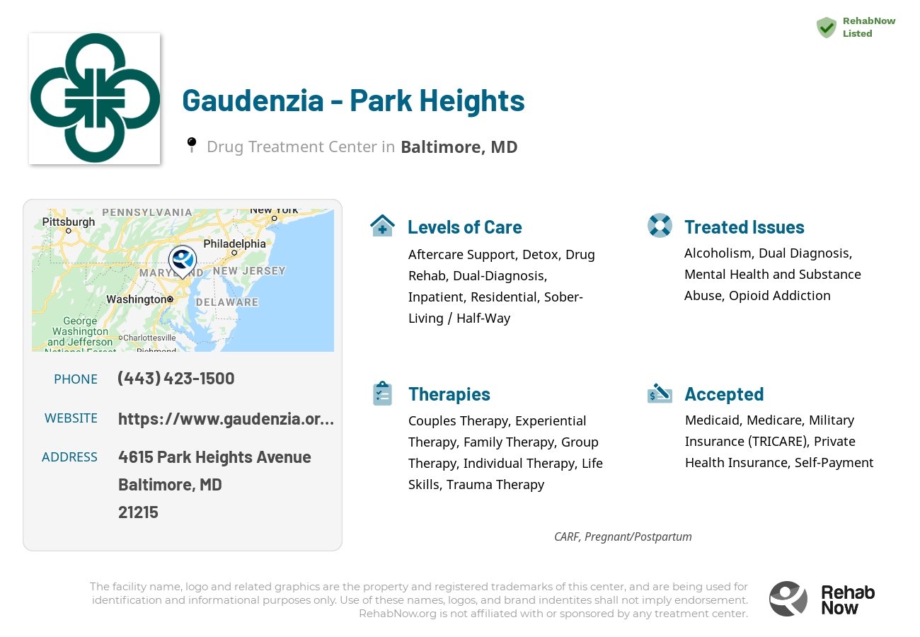 Helpful reference information for Gaudenzia - Park Heights, a drug treatment center in Maryland located at: 4615 Park Heights Avenue, Baltimore, MD, 21215, including phone numbers, official website, and more. Listed briefly is an overview of Levels of Care, Therapies Offered, Issues Treated, and accepted forms of Payment Methods.