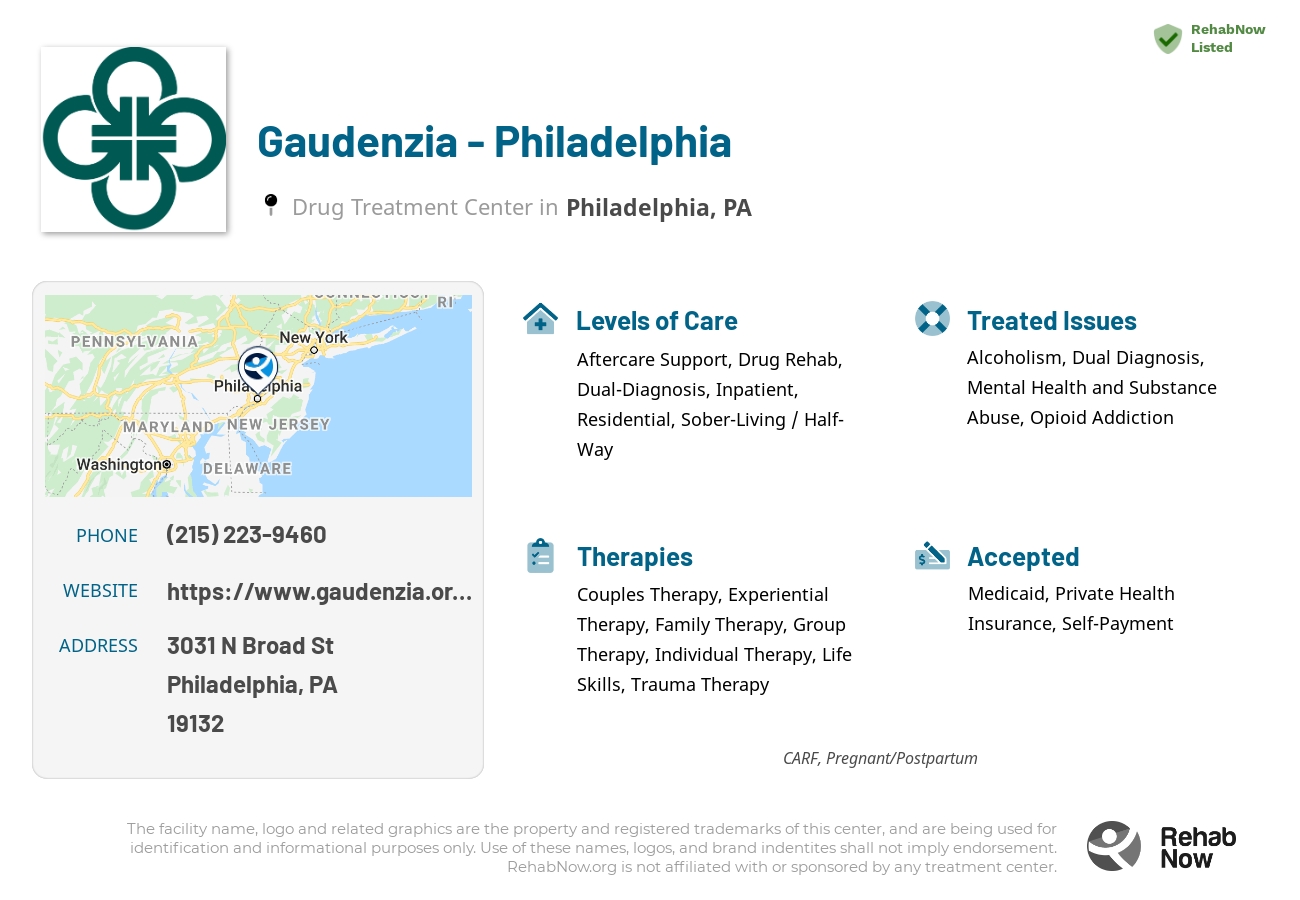 Helpful reference information for Gaudenzia - Philadelphia, a drug treatment center in Pennsylvania located at: 3031 N Broad St, Philadelphia, PA 19132, including phone numbers, official website, and more. Listed briefly is an overview of Levels of Care, Therapies Offered, Issues Treated, and accepted forms of Payment Methods.