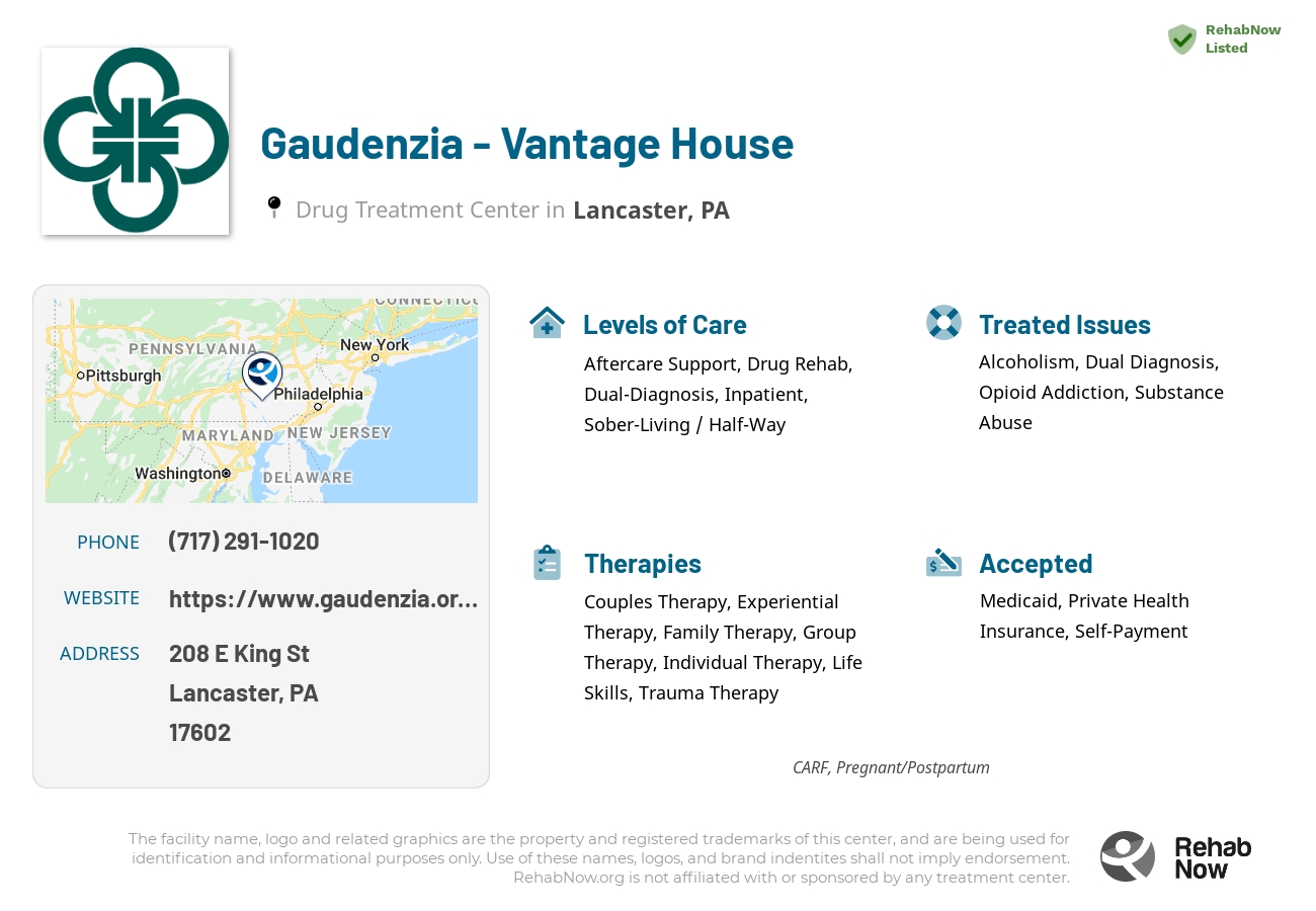 Helpful reference information for Gaudenzia - Vantage House, a drug treatment center in Pennsylvania located at: 208 E King St, Lancaster, PA 17602, including phone numbers, official website, and more. Listed briefly is an overview of Levels of Care, Therapies Offered, Issues Treated, and accepted forms of Payment Methods.