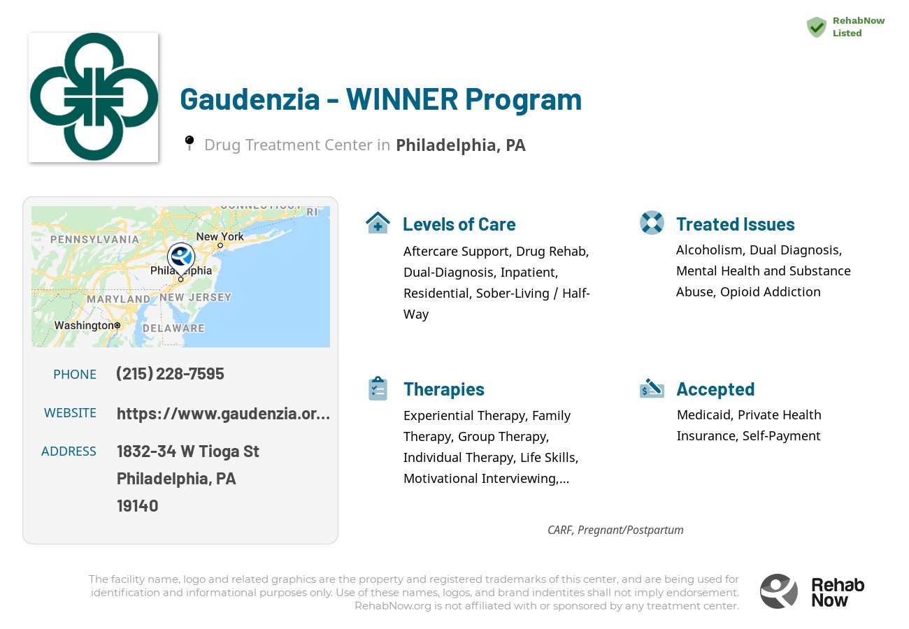 Helpful reference information for Gaudenzia - WINNER Program, a drug treatment center in Pennsylvania located at: 1832-34 W Tioga St, Philadelphia, PA 19140, including phone numbers, official website, and more. Listed briefly is an overview of Levels of Care, Therapies Offered, Issues Treated, and accepted forms of Payment Methods.