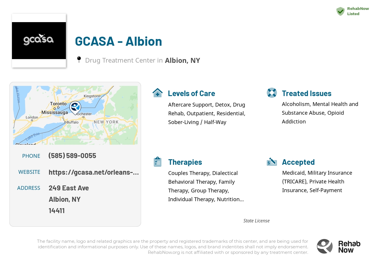Helpful reference information for GCASA - Albion, a drug treatment center in New York located at: 249 East Ave, Albion, NY 14411, including phone numbers, official website, and more. Listed briefly is an overview of Levels of Care, Therapies Offered, Issues Treated, and accepted forms of Payment Methods.