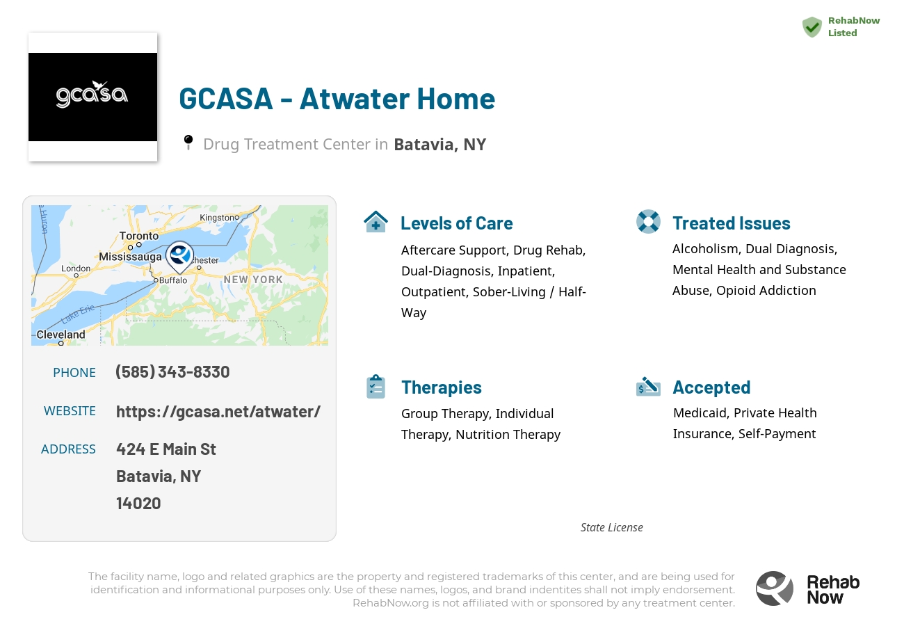 Helpful reference information for GCASA - Atwater Home, a drug treatment center in New York located at: 424 E Main St, Batavia, NY 14020, including phone numbers, official website, and more. Listed briefly is an overview of Levels of Care, Therapies Offered, Issues Treated, and accepted forms of Payment Methods.